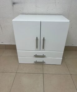 A white wooden storage cabinet featuring two upper doors and two lower drawers equipped with rectangular silver handles. - Image 7