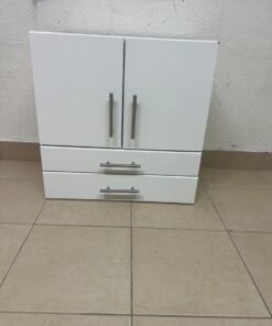 A white wooden storage cabinet featuring two upper doors and two lower drawers equipped with rectangular silver handles.