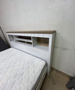 A white wooden King-size bed frame featuring an integrated headboard with shelves, accompanied by a matching padded mattress. - Image 5