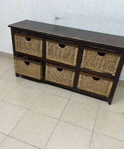 A dark brown wooden storage unit featuring six drawers in the form of woven bamboo baskets. - Image 2