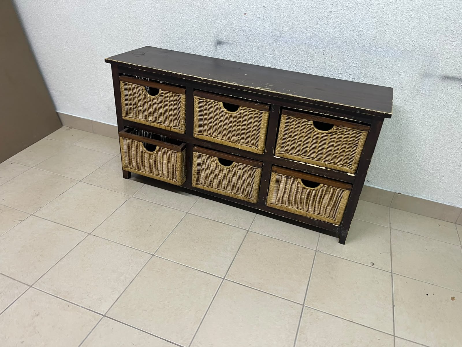 A dark brown wooden storage unit featuring six drawers in the form of woven bamboo baskets. - Image 2
