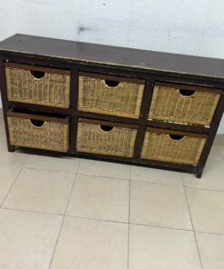 A dark brown wooden storage unit featuring six drawers in the form of woven bamboo baskets.