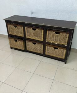 A dark brown wooden storage unit featuring six drawers in the form of woven bamboo baskets. - Image 4