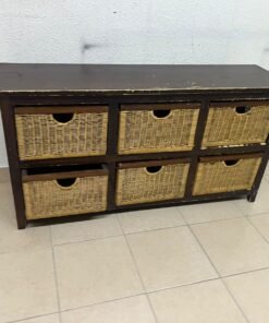 A dark brown wooden storage unit featuring six drawers in the form of woven bamboo baskets. - Image 5