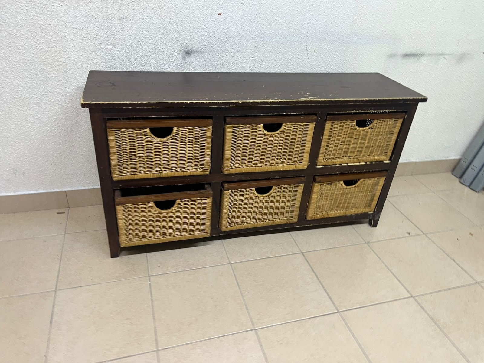 A dark brown wooden storage unit featuring six drawers in the form of woven bamboo baskets. - Image 5
