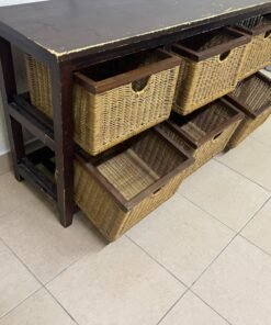 A dark brown wooden storage unit featuring six drawers in the form of woven bamboo baskets. - Image 6