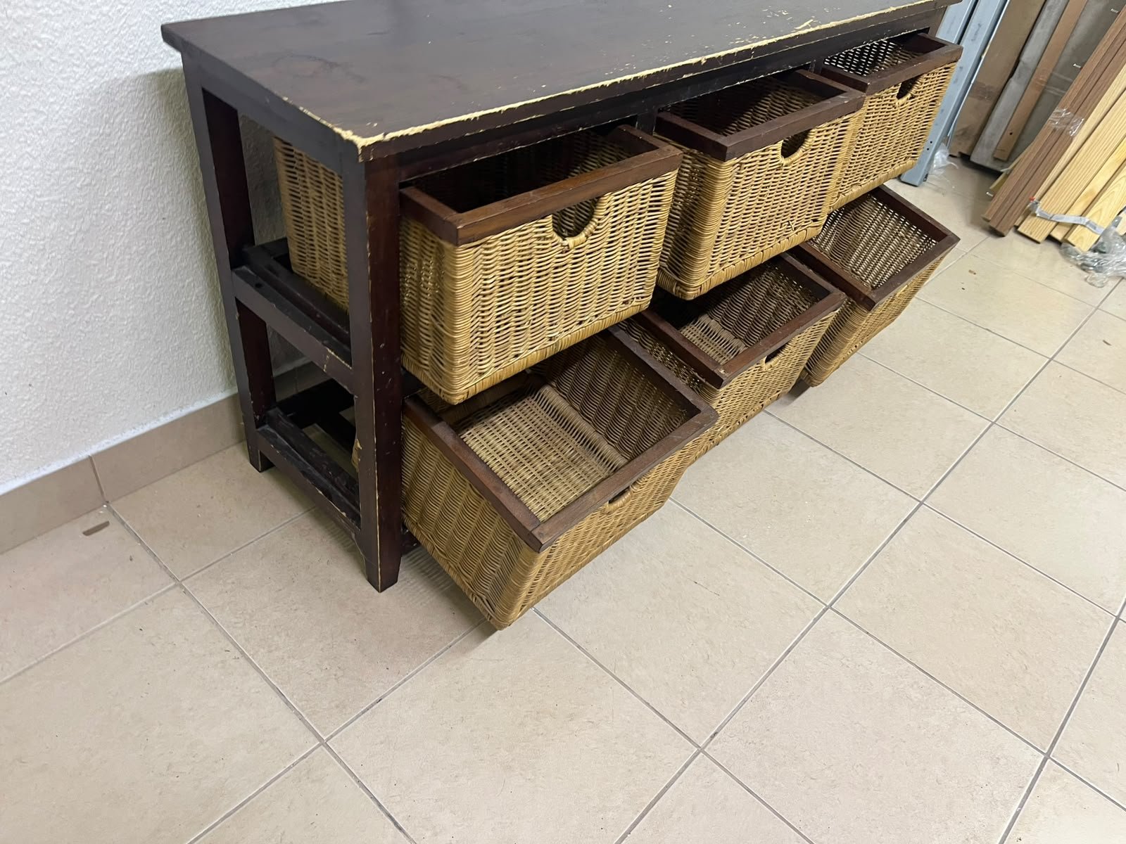 A dark brown wooden storage unit featuring six drawers in the form of woven bamboo baskets. - Image 6