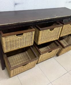 A dark brown wooden storage unit featuring six drawers in the form of woven bamboo baskets. - Image 7