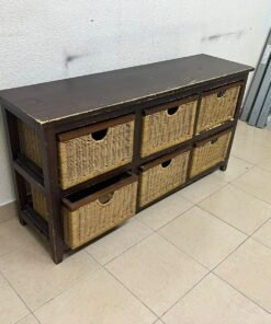 A dark brown wooden storage unit featuring six drawers in the form of woven bamboo baskets. - Image 9