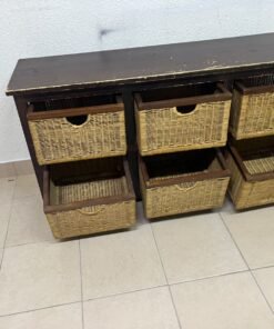 A dark brown wooden storage unit featuring six drawers in the form of woven bamboo baskets. - Image 8