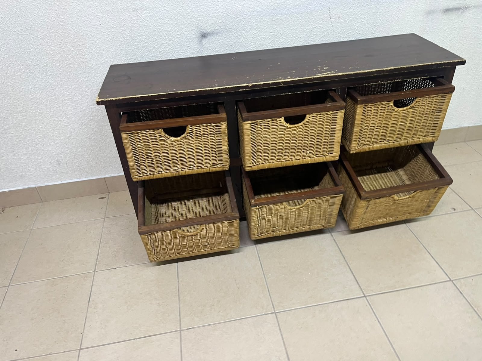 A dark brown wooden storage unit featuring six drawers in the form of woven bamboo baskets. - Image 8