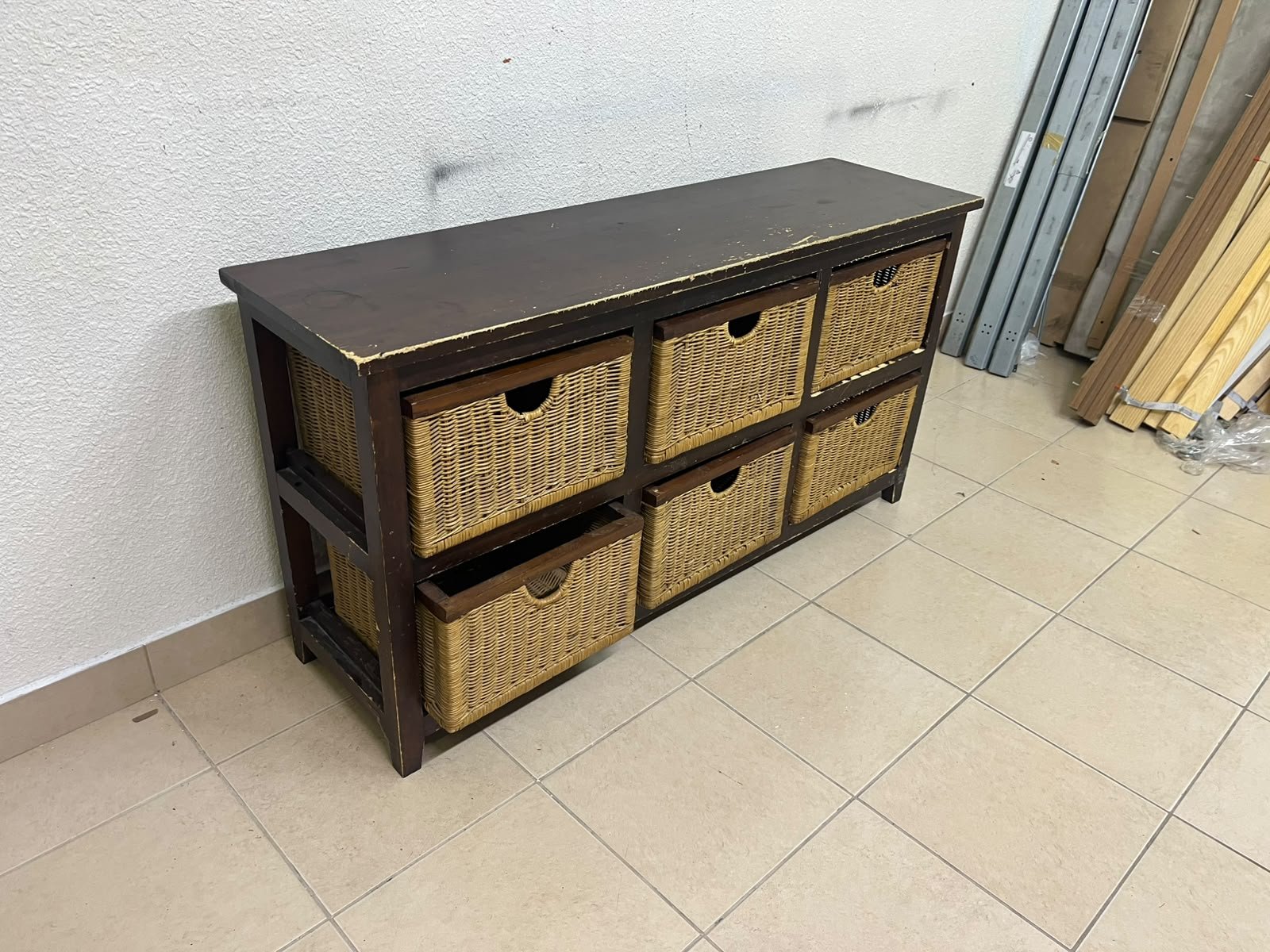 A dark brown wooden storage unit featuring six drawers in the form of woven bamboo baskets. - Image 9
