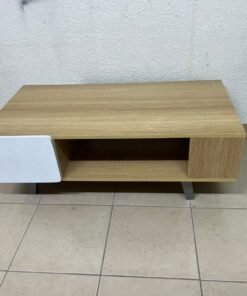 The Adonia coffee table by Danube Home is crafted from oak wood and features a rectangular top with a wood finish, accented by a distinctive white cabinet door.