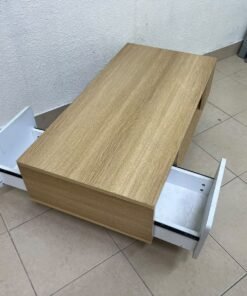The Adonia coffee table by Danube Home is crafted from oak wood and features a rectangular top with a wood finish, accented by a distinctive white cabinet door. - Image 9