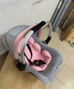 "Babyhug Onyx Elite" car seat and carrycot in grey and pink, featuring an aluminum handle. - Image 3