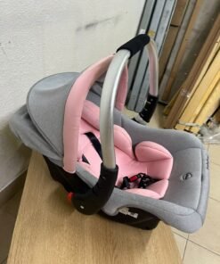 "Babyhug Onyx Elite" car seat and carrycot in grey and pink, featuring an aluminum handle. - Image 4
