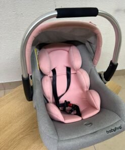 "Babyhug Onyx Elite" car seat and carrycot in grey and pink, featuring an aluminum handle. - Image 5