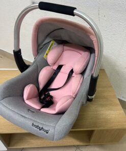 "Babyhug Onyx Elite" car seat and carrycot in grey and pink, featuring an aluminum handle. - Image 6