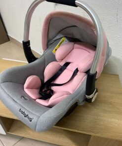 "Babyhug Onyx Elite" car seat and carrycot in grey and pink, featuring an aluminum handle. - Image 7