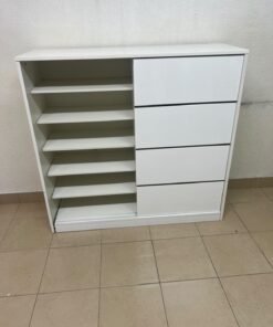 Solis shoe cabinet from Home Centre in white, featuring black horizontal details and sliding doors. - Image 10