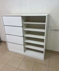 Solis shoe cabinet from Home Centre in white, featuring black horizontal details and sliding doors. - Image 11