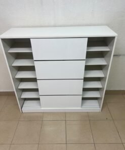 Solis shoe cabinet from Home Centre in white, featuring black horizontal details and sliding doors. - Image 9