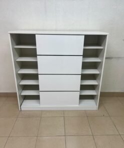 Solis shoe cabinet from Home Centre in white, featuring black horizontal details and sliding doors. - Image 8