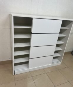 Solis shoe cabinet from Home Centre in white, featuring black horizontal details and sliding doors. - Image 7