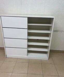 Solis shoe cabinet from Home Centre in white, featuring black horizontal details and sliding doors. - Image 6