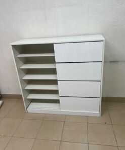 Solis shoe cabinet from Home Centre in white, featuring black horizontal details and sliding doors. - Image 4