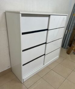 Solis shoe cabinet from Home Centre in white, featuring black horizontal details and sliding doors. - Image 3