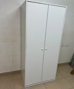 The IKEA KLEPPSTAD white two-door wardrobe features a simple design with two round handles and dimensions of 79x55x176 cm. - Image 7