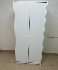 The IKEA KLEPPSTAD white two-door wardrobe features a simple design with two round handles and dimensions of 79x55x176 cm. - Image 10