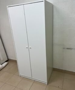 The IKEA KLEPPSTAD white two-door wardrobe features a simple design with two round handles and dimensions of 79x55x176 cm. - Image 11