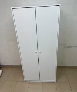 The IKEA KLEPPSTAD white two-door wardrobe features a simple design with two round handles and dimensions of 79x55x176 cm. - Image 3