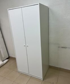 The IKEA KLEPPSTAD white two-door wardrobe features a simple design with two round handles and dimensions of 79x55x176 cm. - Image 4