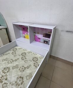 A white wooden single bed for children, featuring an integrated "dollhouse-style" headboard decorated with illustrations of miniature rooms. - Image 8