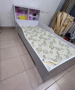 A white wooden single bed for children, featuring an integrated "dollhouse-style" headboard decorated with illustrations of miniature rooms. - Image 2