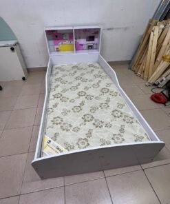 A white wooden single bed for children, featuring an integrated "dollhouse-style" headboard decorated with illustrations of miniature rooms. - Image 4