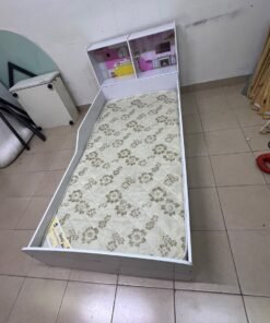 A white wooden single bed for children, featuring an integrated "dollhouse-style" headboard decorated with illustrations of miniature rooms. - Image 5