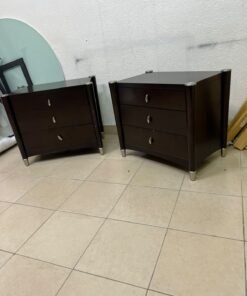 A pair of modern dark-wood bedside cabinets featuring three drawers, curved fronts, silver-colored handles, and elegant metal legs. - Image 8