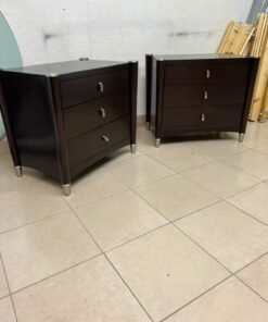 A pair of modern dark-wood bedside cabinets featuring three drawers, curved fronts, silver-colored handles, and elegant metal legs. - Image 13