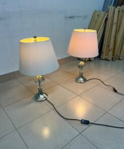 A pair of table lamps featuring chrome finishes and crystal-ball details, distinguished by classic cylindrical fabric shades. - Image 2