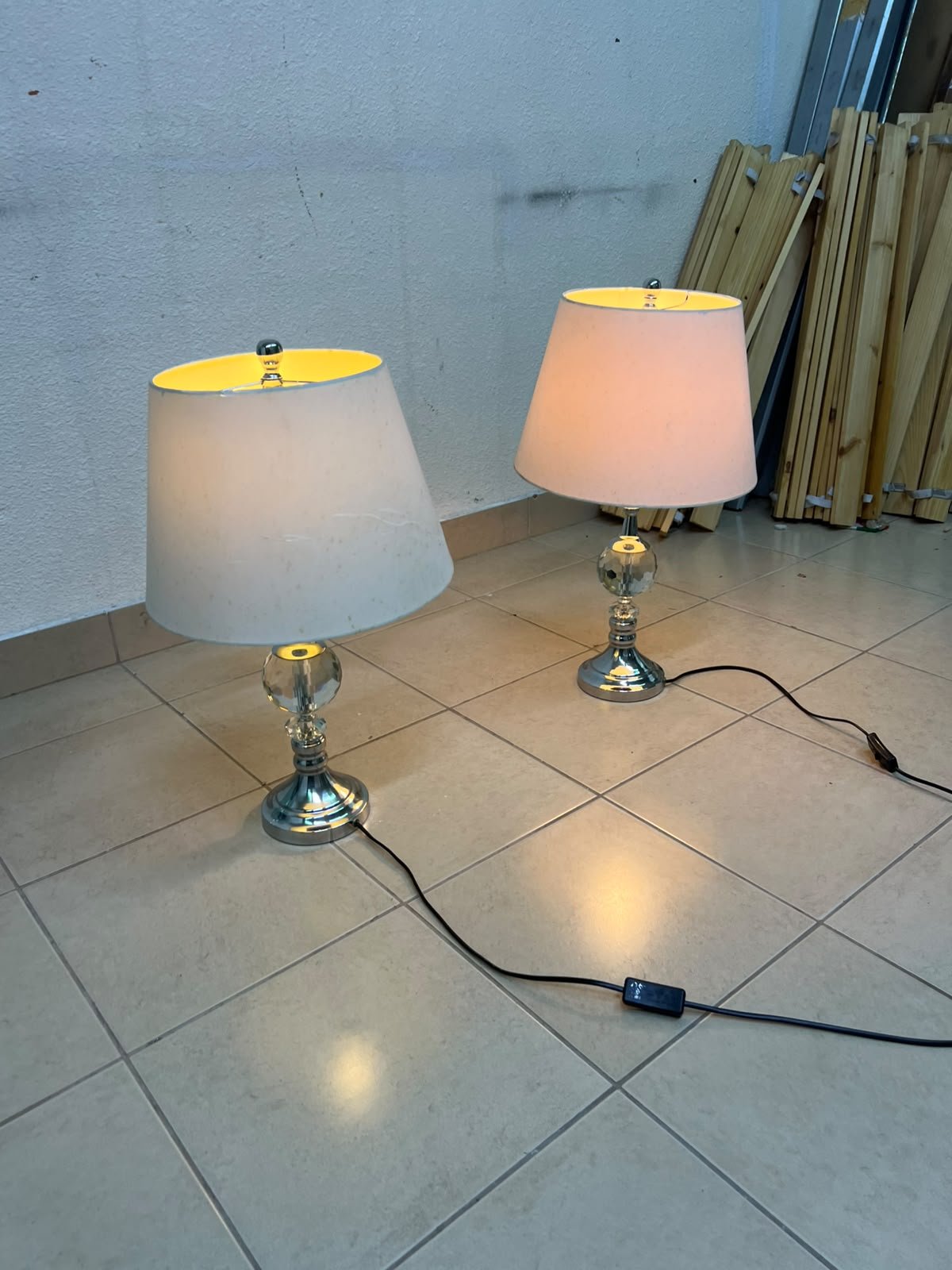 A pair of table lamps featuring chrome finishes and crystal-ball details, distinguished by classic cylindrical fabric shades. - Image 2