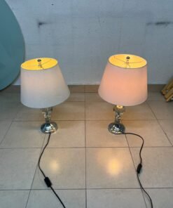 A pair of table lamps featuring chrome finishes and crystal-ball details, distinguished by classic cylindrical fabric shades. - Image 4