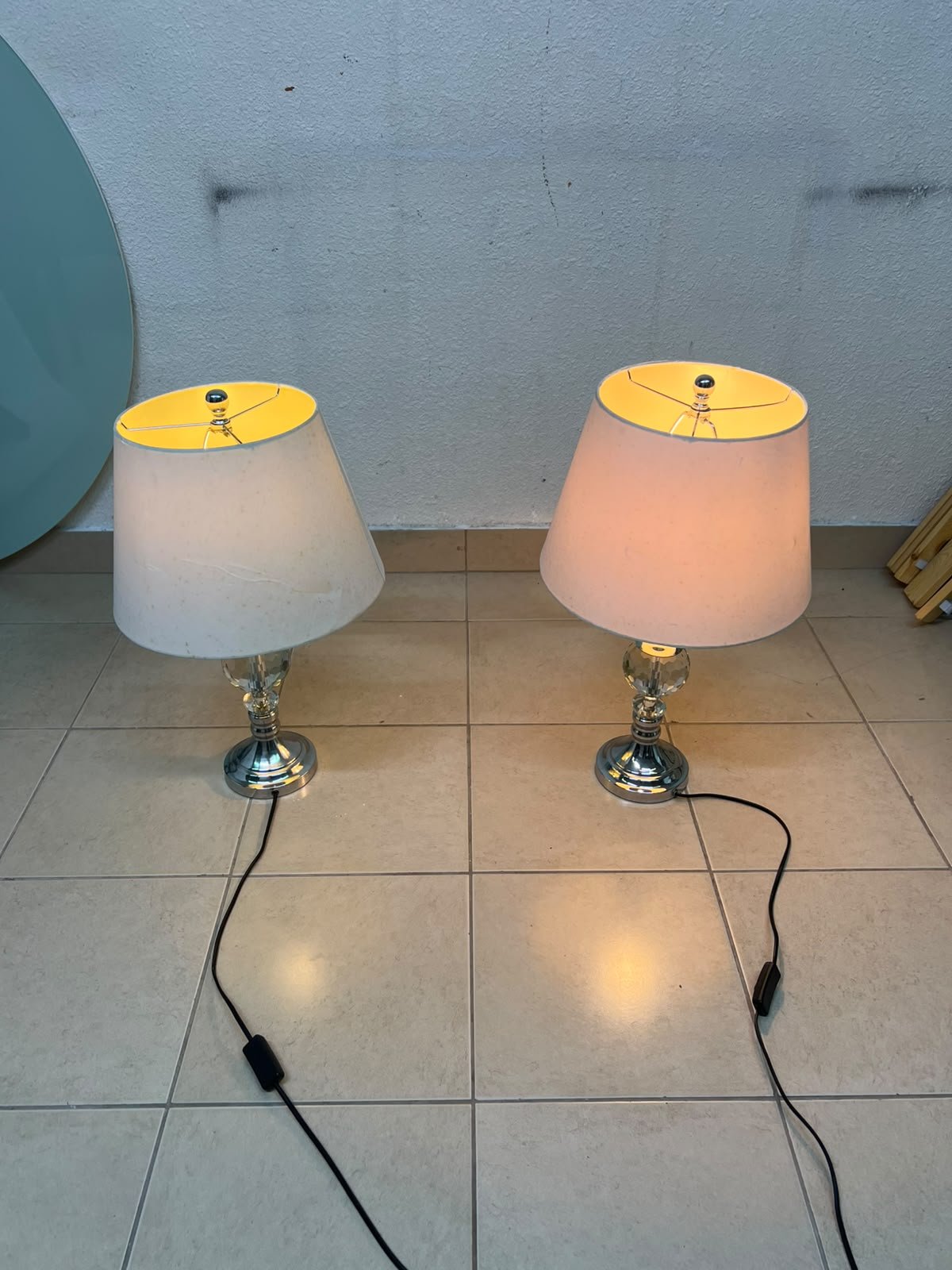 A pair of table lamps featuring chrome finishes and crystal-ball details, distinguished by classic cylindrical fabric shades. - Image 4
