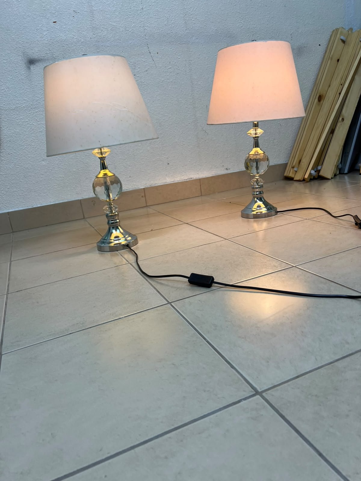 A pair of table lamps featuring chrome finishes and crystal-ball details, distinguished by classic cylindrical fabric shades. - Image 5