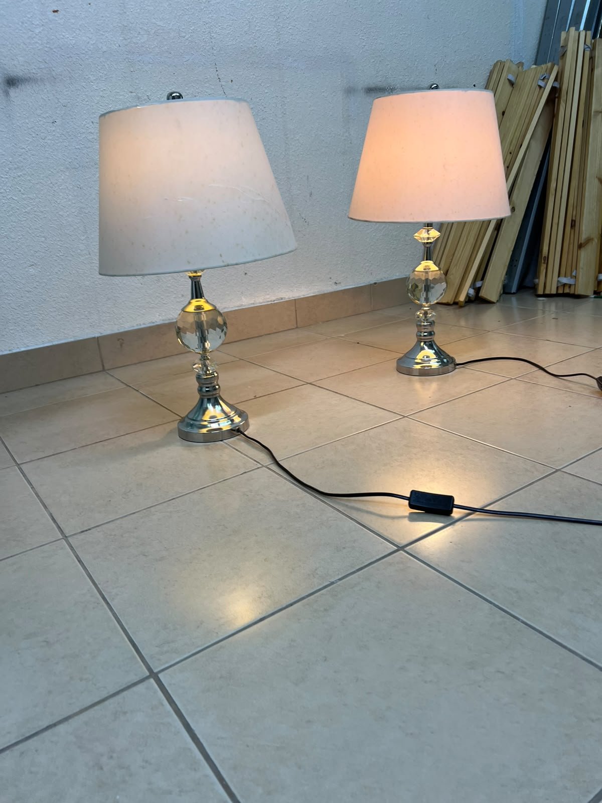 A pair of table lamps featuring chrome finishes and crystal-ball details, distinguished by classic cylindrical fabric shades. - Image 6