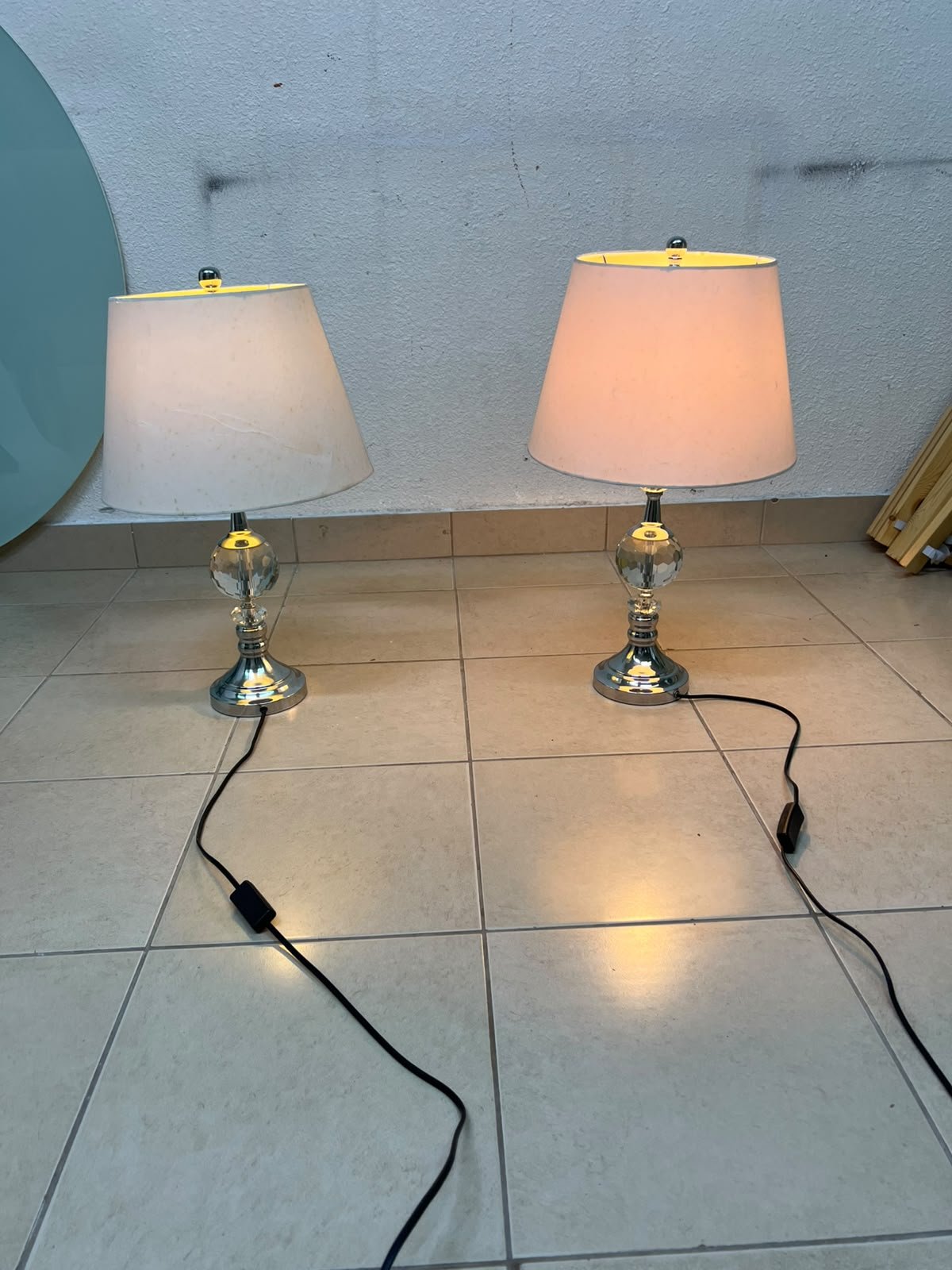 A pair of table lamps featuring chrome finishes and crystal-ball details, distinguished by classic cylindrical fabric shades. - Image 7
