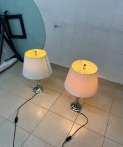 A pair of table lamps featuring chrome finishes and crystal-ball details, distinguished by classic cylindrical fabric shades. - Image 10